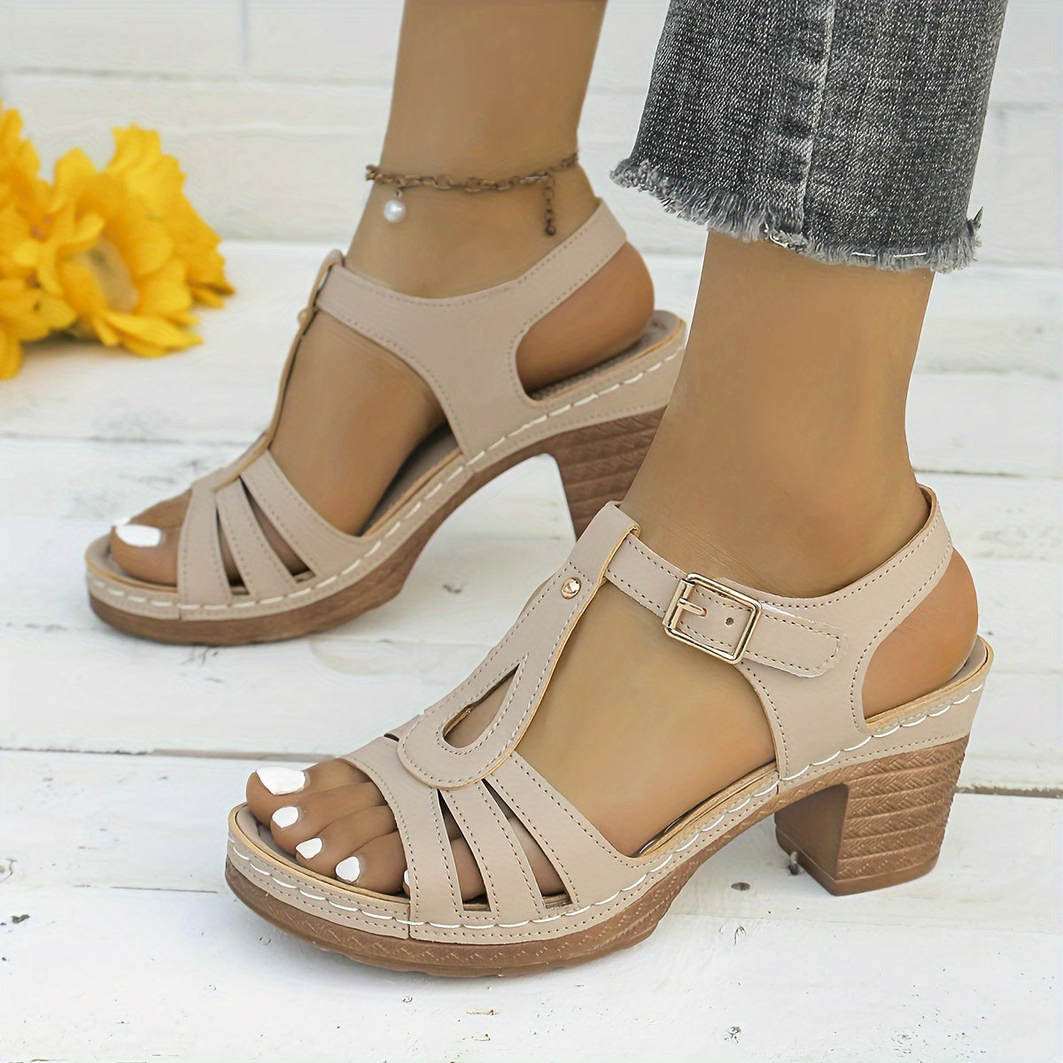 Beige block heel platform t-strap sandal with buckle strap and cutout details