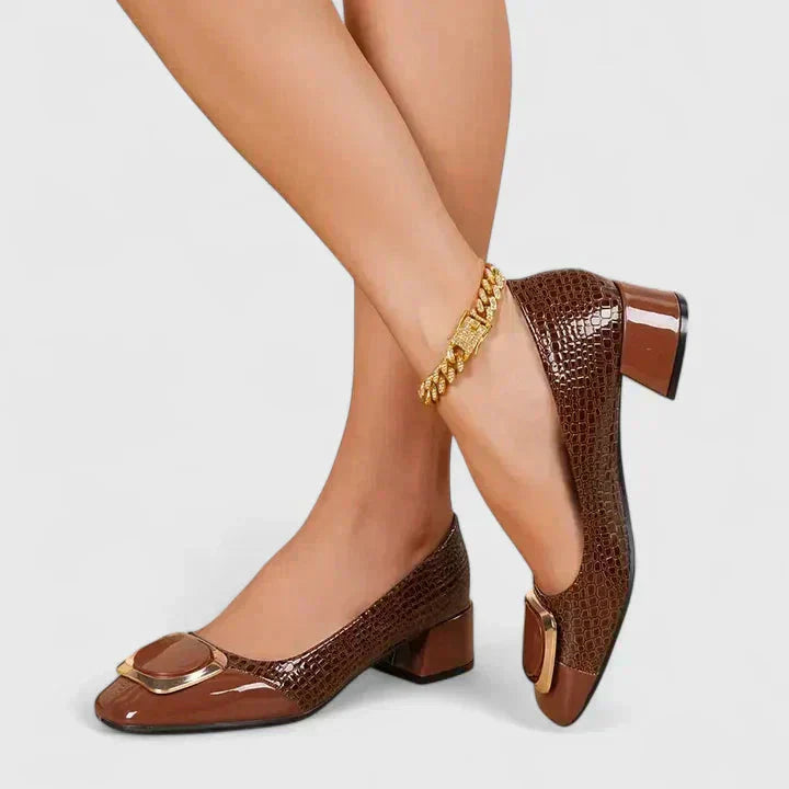 Brown crocodile textured loafer with chunky block heel and square buckle