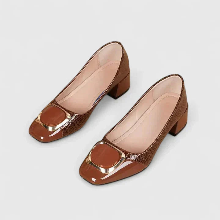 Top view of brown crocodile embossed block heel loafers with square toe