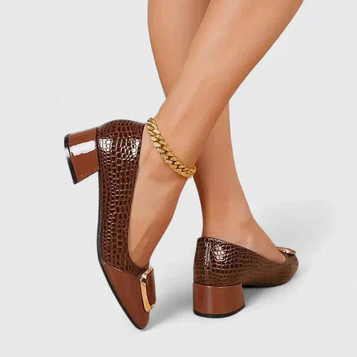 Brown crocodile embossed block heel loafers with gold buckle detail