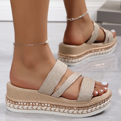 Champagne glitter platform sandal with strappy design and decorative chain ankle bracelet