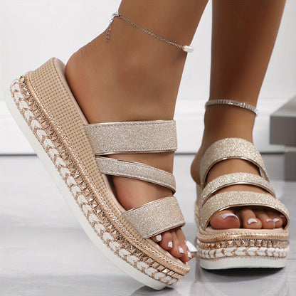 Champagne glitter strappy platform slides with multi-strap design and embellished sole detail