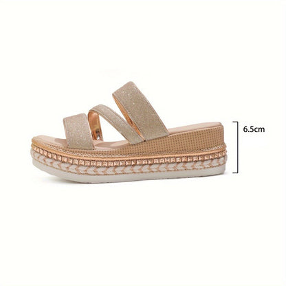 Side view of champagne glitter platform slide sandal showing 6.5cm heel height and studded sole