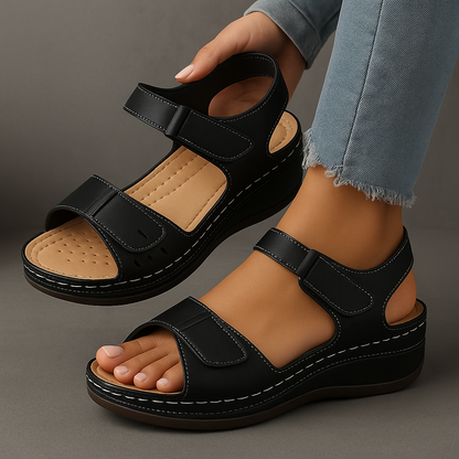 Black leather platform wedge sandals with adjustable velcro straps and white topstitching