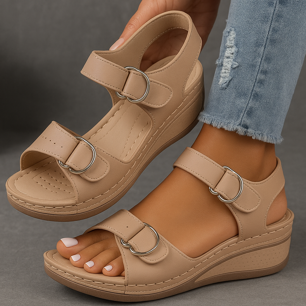 Beige adjustable strap platform wedge sandals with perforated leather and ring buckle details