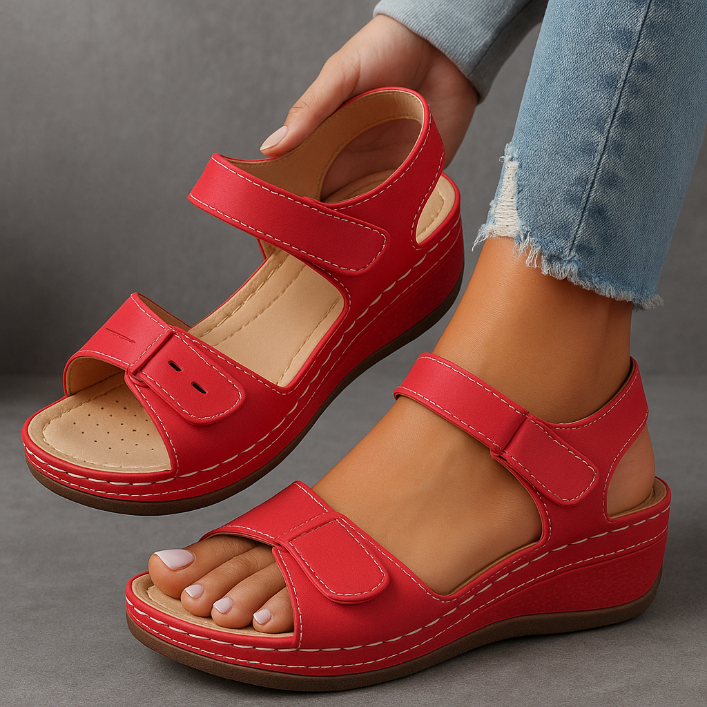 Red leather platform wedge sandals with adjustable velcro straps and white stitching