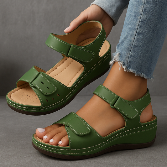 Green leather platform wedge sandals with adjustable straps and white stitching detail