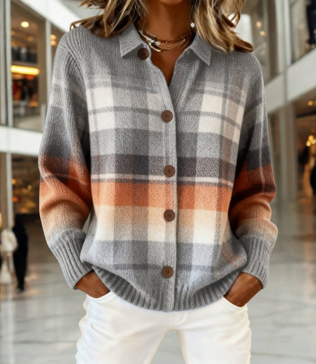 Women's Oversized Collared Sweater Cardigan, Plaid Button Front