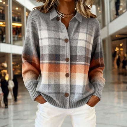 Women's Oversized Collared Sweater Cardigan, Plaid Button Front
