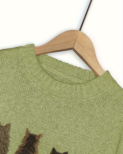 Women's Oversized Knit Crewneck Sweater with Cat Print