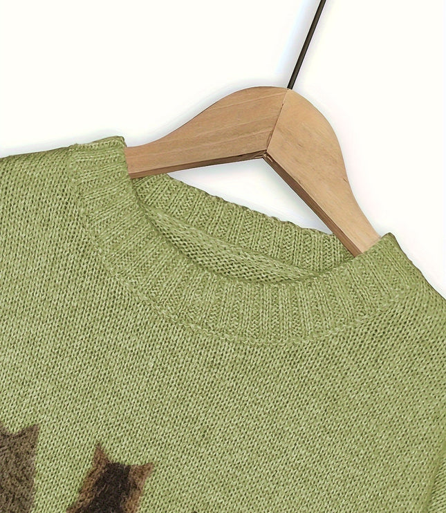 Women's Oversized Knit Crewneck Sweater with Cat Print