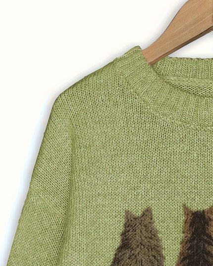 Women's Oversized Knit Crewneck Sweater with Cat Print