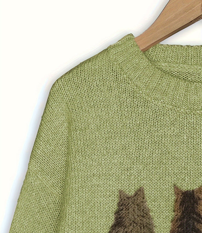 Women's Oversized Knit Crewneck Sweater with Cat Print