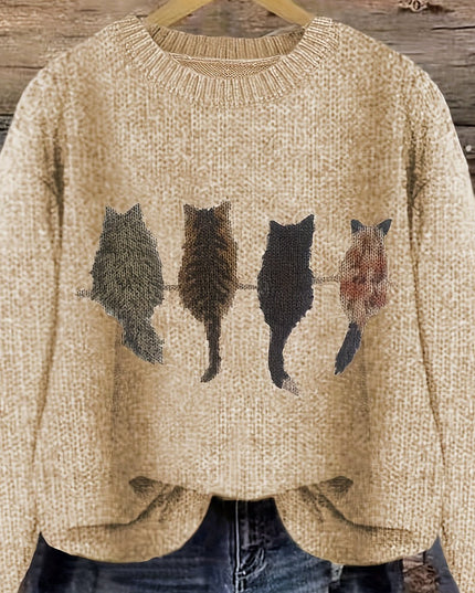 Women's Oversized Knit Crewneck Sweater with Cat Print