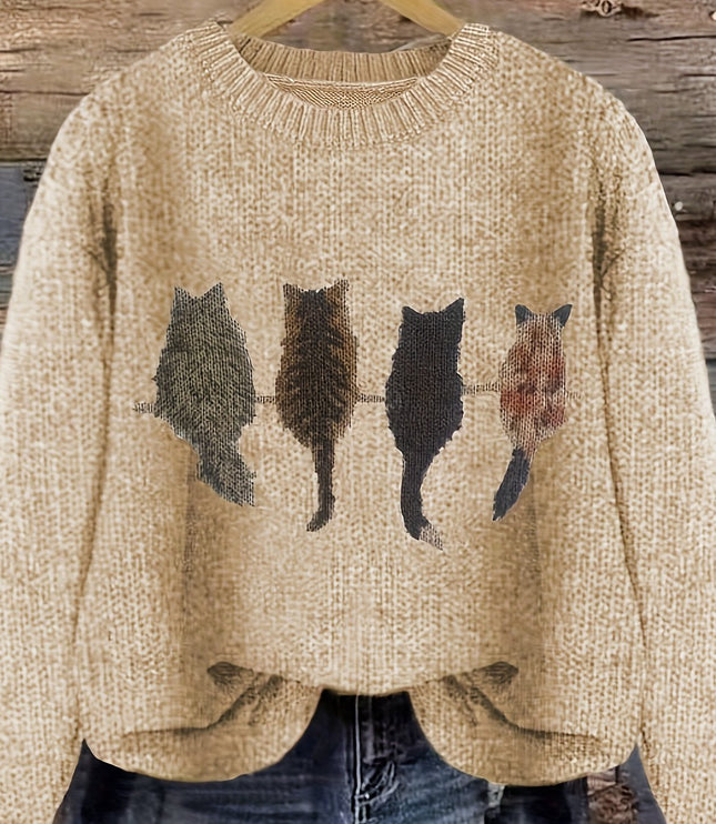 Women's Oversized Knit Crewneck Sweater with Cat Print