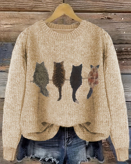 Women's Oversized Knit Crewneck Sweater with Cat Print