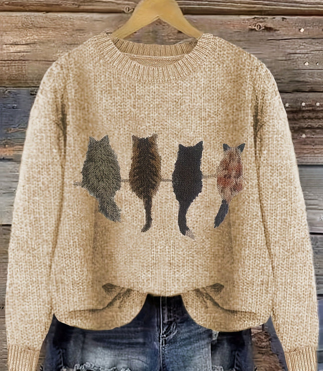 Women's Oversized Knit Crewneck Sweater with Cat Print