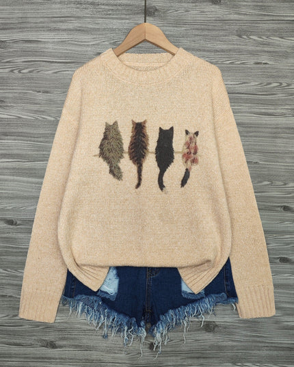 Women's Oversized Knit Crewneck Sweater with Cat Print