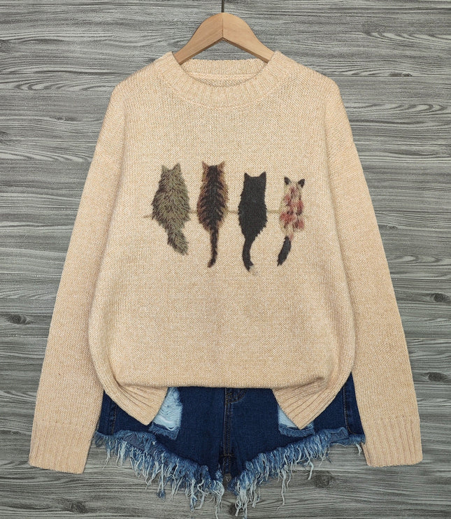 Women's Oversized Knit Crewneck Sweater with Cat Print