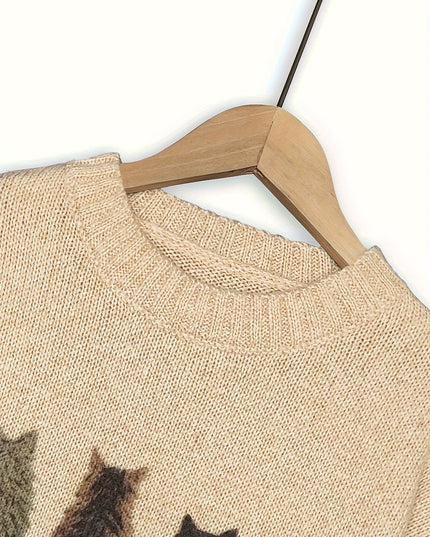 Women's Oversized Knit Crewneck Sweater with Cat Print