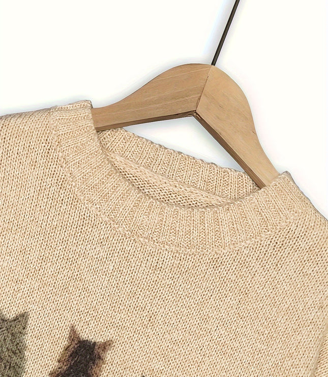 Women's Oversized Knit Crewneck Sweater with Cat Print