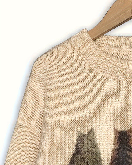 Women's Oversized Knit Crewneck Sweater with Cat Print