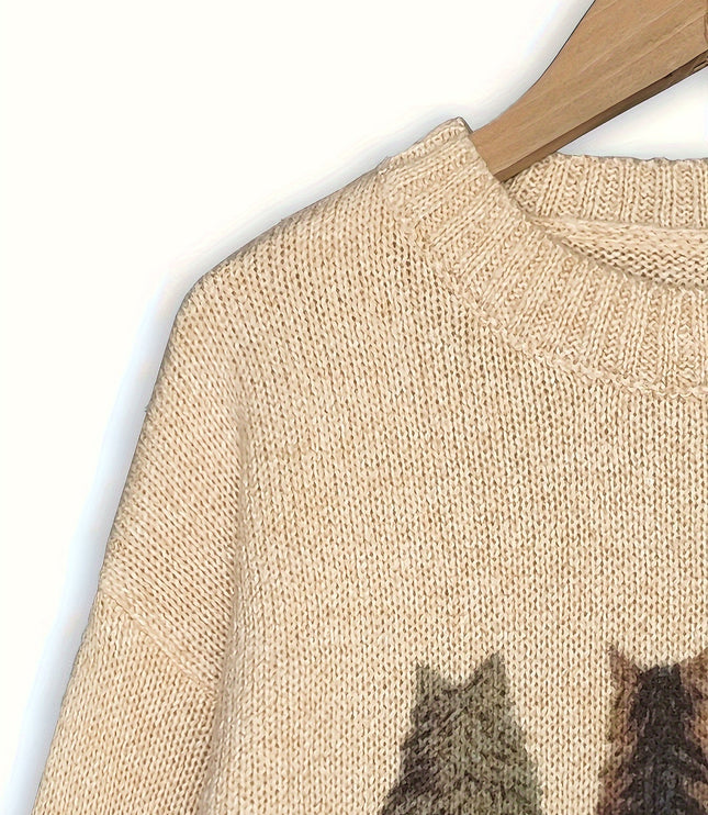 Women's Oversized Knit Crewneck Sweater with Cat Print