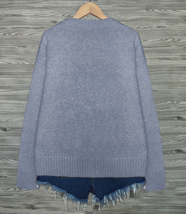 Women's Oversized Knit Crewneck Sweater with Cat Print
