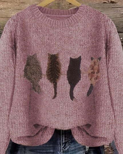 Women's Oversized Knit Crewneck Sweater with Cat Print