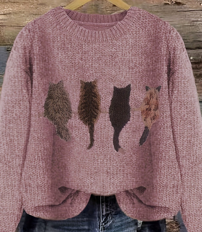 Women's Oversized Knit Crewneck Sweater with Cat Print