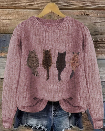Women's Oversized Knit Crewneck Sweater with Cat Print