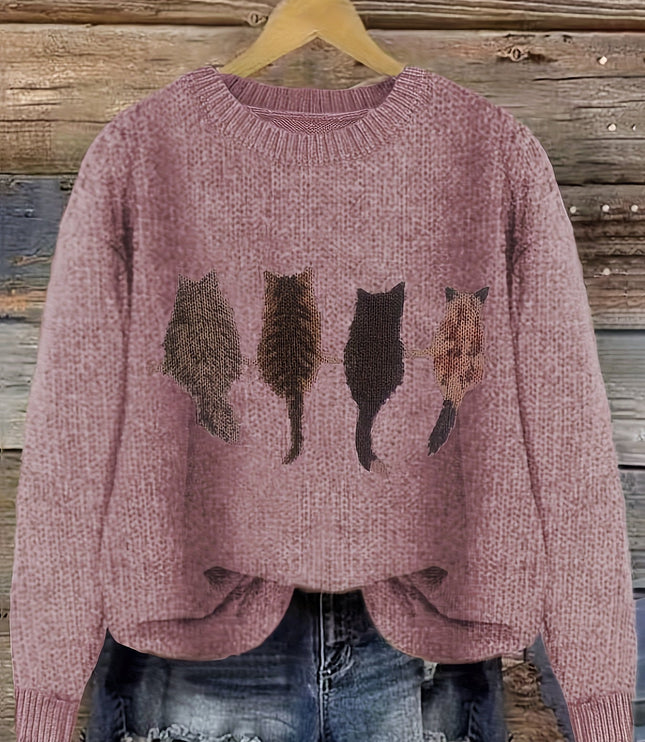Women's Oversized Knit Crewneck Sweater with Cat Print