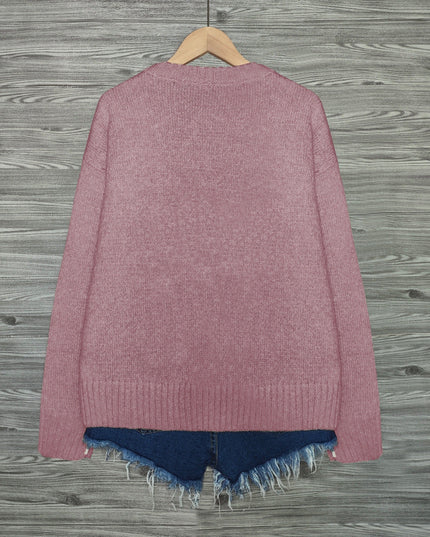 Women's Oversized Knit Crewneck Sweater with Cat Print