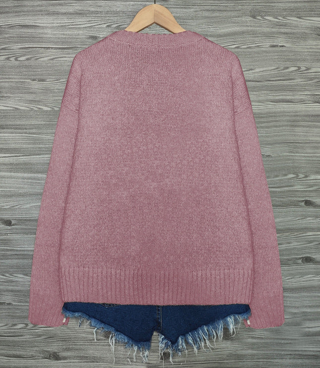 Women's Oversized Knit Crewneck Sweater with Cat Print