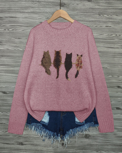 Women's Oversized Knit Crewneck Sweater with Cat Print