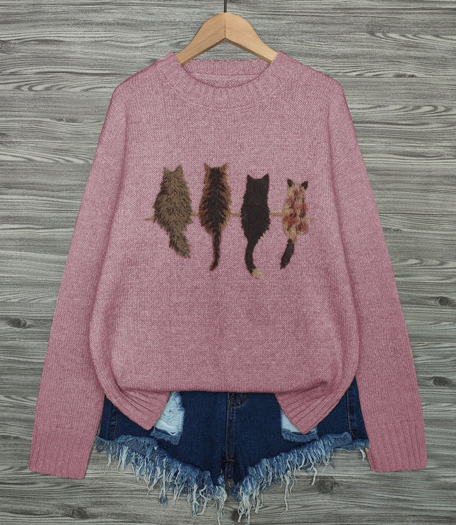 Women's Oversized Knit Crewneck Sweater with Cat Print