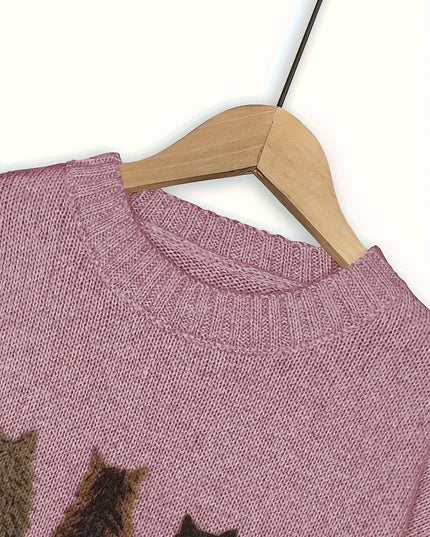 Women's Oversized Knit Crewneck Sweater with Cat Print