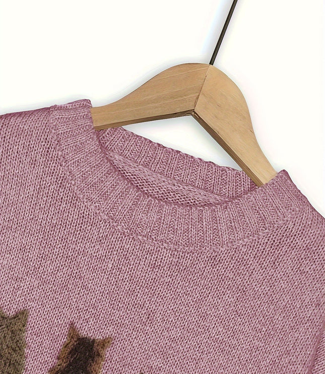 Women's Oversized Knit Crewneck Sweater with Cat Print