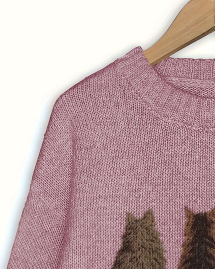 Women's Oversized Knit Crewneck Sweater with Cat Print
