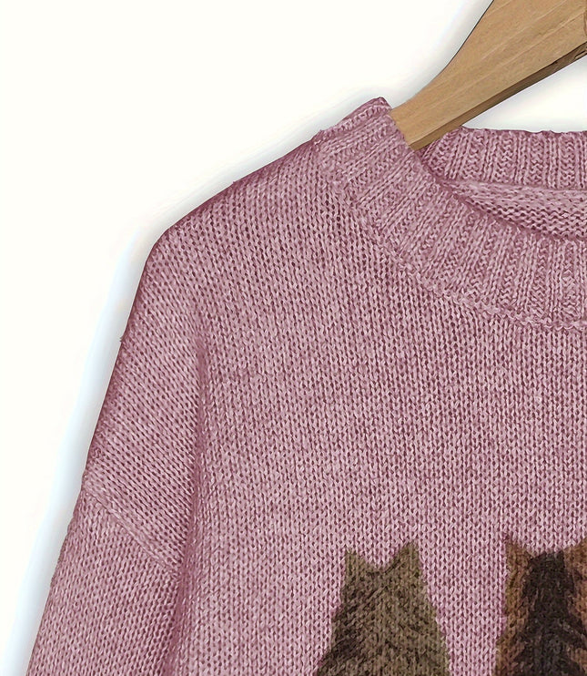 Women's Oversized Knit Crewneck Sweater with Cat Print
