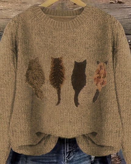 Women's Oversized Knit Crewneck Sweater with Cat Print