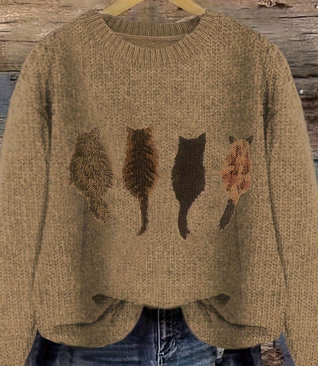 Women's Oversized Knit Crewneck Sweater with Cat Print