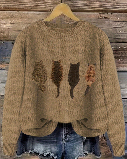 Women's Oversized Knit Crewneck Sweater with Cat Print