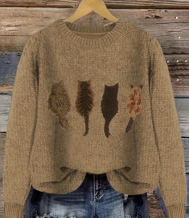 Women's Oversized Knit Crewneck Sweater with Cat Print