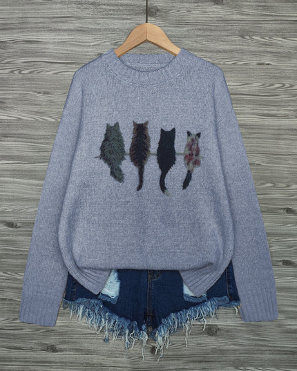 Women's Oversized Knit Crewneck Sweater with Cat Print