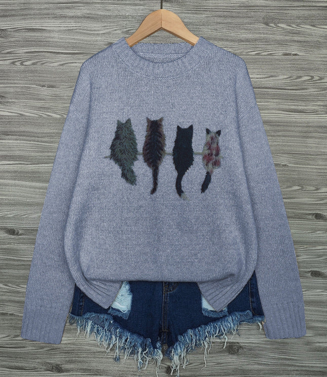 Women's Oversized Knit Crewneck Sweater with Cat Print