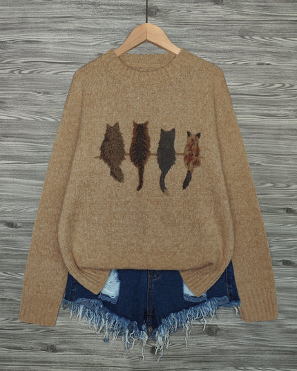 Women's Oversized Knit Crewneck Sweater with Cat Print