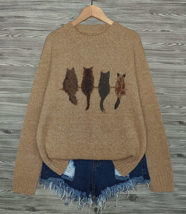 Women's Oversized Knit Crewneck Sweater with Cat Print
