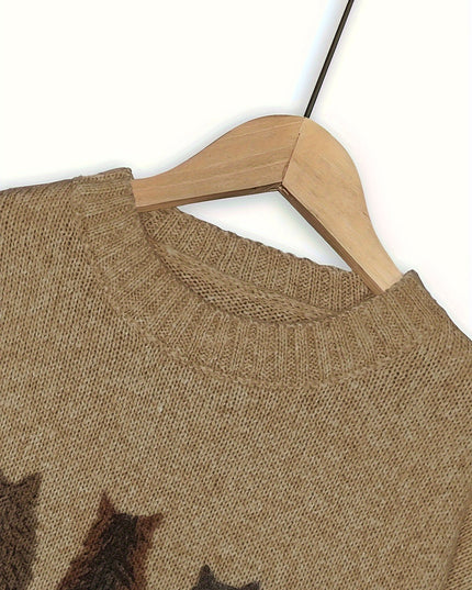 Women's Oversized Knit Crewneck Sweater with Cat Print