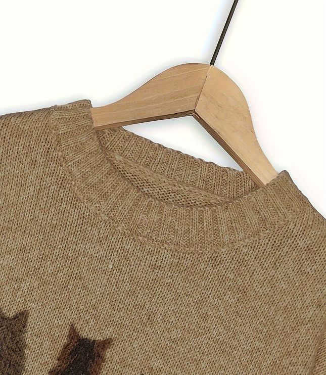 Women's Oversized Knit Crewneck Sweater with Cat Print